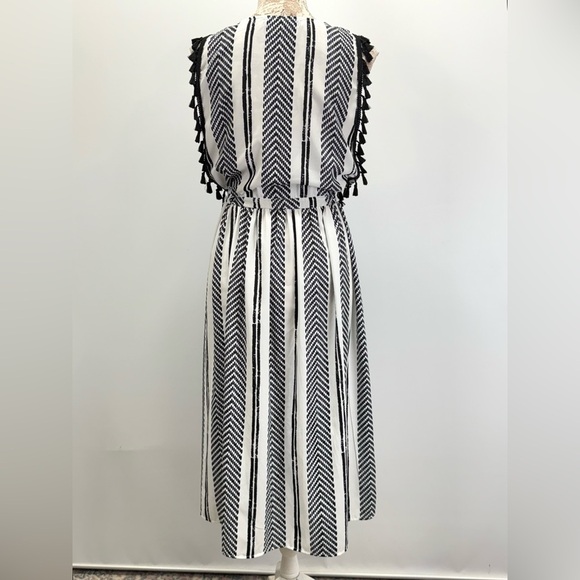 EVA FRANCO Navy & White Chevron stripe tassel trim drawstring waist dress size 6 - Picture 6 of 12